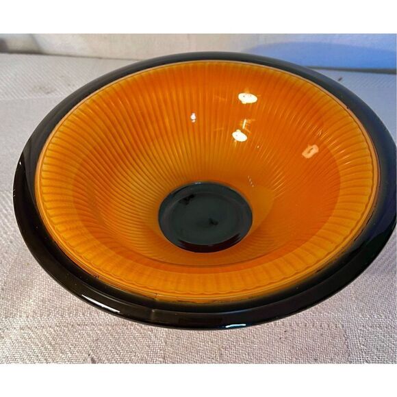 Vintage Art Deco Molded Orange And Black Cased Ribbed Fluted Bowl - Picture 16 of 16